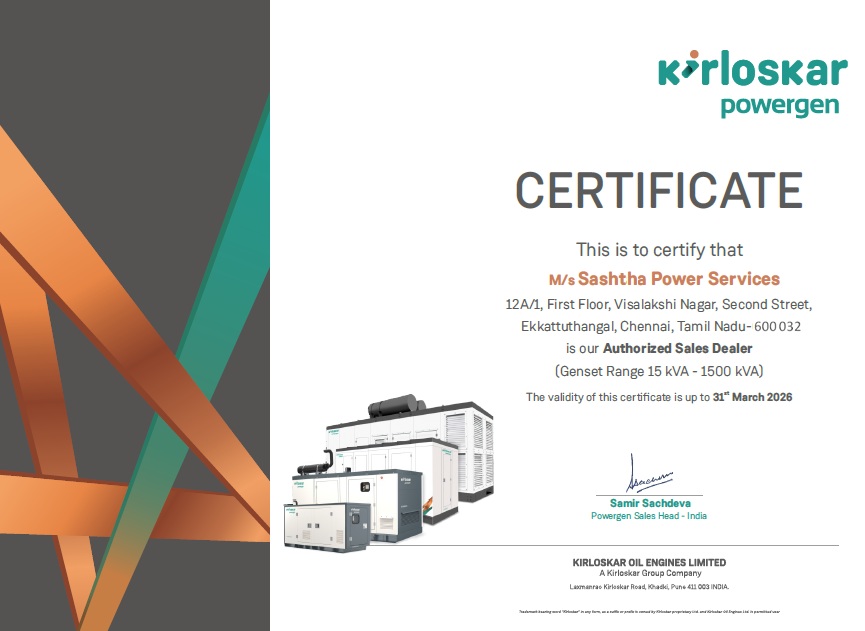 Certificate for Authorized Dealer Genset of Kirloskar in Chennai